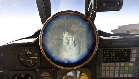 The cockpit view finder in the ER-2 shows a controlled fire burning near Flagstaff, Arizona, on Nov. 7, 2017. This small fire event offered the ACEPOL science team a different test environment to observe with the polarimeter and lidar instruments onboard the aircraft. (NASA / Stu Broce) The cockpit view finder in the ER-2 shows a controlled fire burning near Flagstaff, Arizona, on Nov. 7, 2017. This small fire event offered the ACEPOL science team a different test environment to observe with the polarimeter and lidar instruments onboard the aircraft. (NASA / Stu Broce)