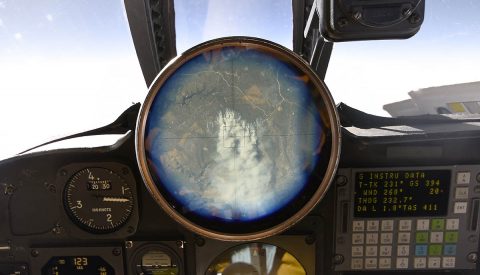 The cockpit view finder in the ER-2 shows a controlled fire burning near Flagstaff, Arizona, on Nov. 7, 2017. This small fire event offered the ACEPOL science team a different test environment to observe with the polarimeter and lidar instruments onboard the aircraft. (NASA / Stu Broce)