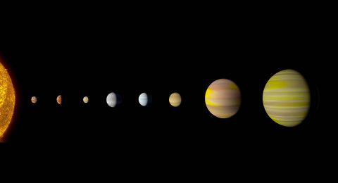 With the discovery of an eighth planet, the Kepler-90 system is the first to tie with our solar system in number of planets. Artist's concept. (NASA/Ames Research Center/Wendy Stenzel)