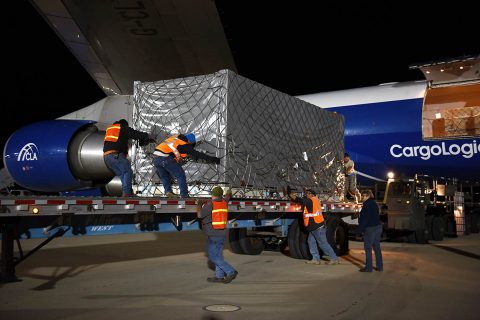 A crate containing one of the twin Gravity Recovery and Climate Experiment Follow-On (GRACE-FO) satellites is offloaded from an air freighter at California's Vandenberg Air Force Base December 12th following a transcontinental flight from Germany. GRACE-FO is scheduled for launch next spring. (USAF)