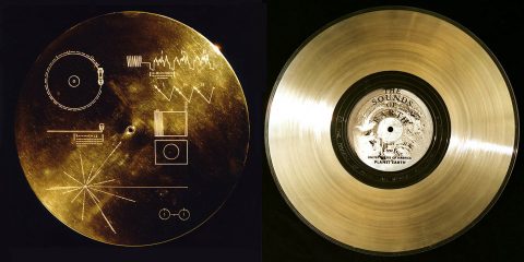Each Voyager spacecraft carries a copy of the Golden Record, which has been featured in several works of science fiction. The record's protective cover, with instructions for playing its contents, is shown at left. (NASA/JPL-Caltech)