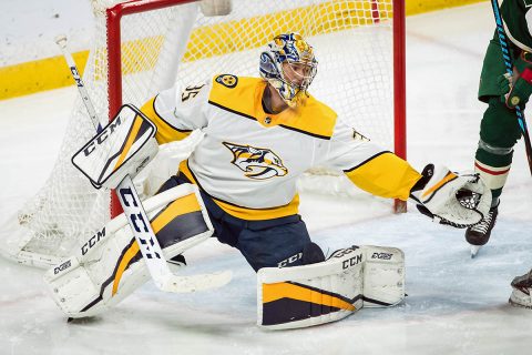 Nashville Predators goalie Pekka Rinne (35) makes a save during the third period against the Minnesota Wild at Xcel Energy Center. (Brace Hemmelgarn-USA TODAY Sports)