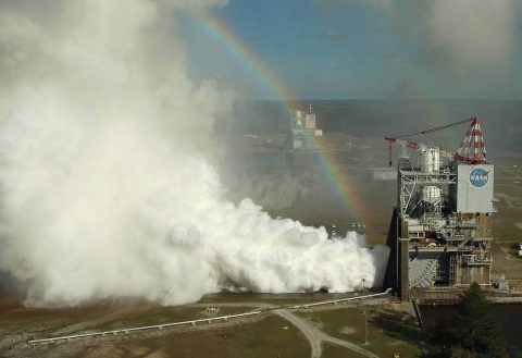 NASA engineers conducted their first RS-25 test of 2017 on the A-1 Test Stand at Stennis Space Center near Bay St. Louis, Mississippi, on Feb. 22, 2017. (NASA/KSC Unmanned Aerial Systems Team)