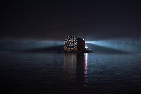 The Space Launch System (SLS) core stage pathfinder, which is similar in similar in size, shape and weight to the 212-foot-tall core stage, arrived at NASA’s Michoud Assembly Facility early in the morning on September 27, 2017. (NASA/MSFC/MAF/Steven Seipel)