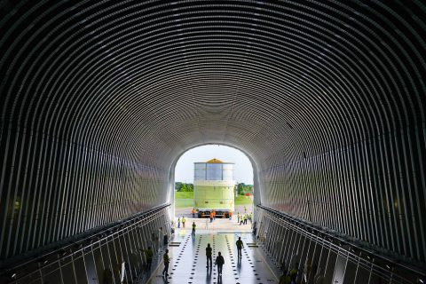 A engine section structural qualification test article for NASA's nbew rocket, the Space Launch System, is loaded onto the barge Pegasus at the agency's Michoud Assembly Facility in New Orleans. (NASA/MSFC Michoud image: Jude Guidry)