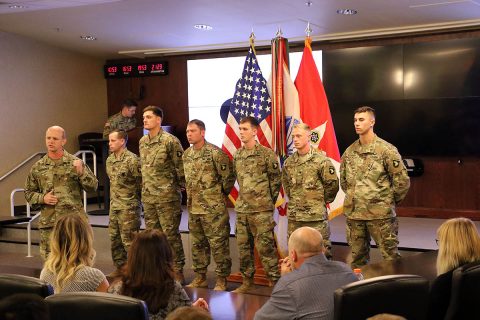 Col. Derek Thomson, 1st Brigade Combat Team, 101st Airborne Division (Air Assault) commander, introduces six Soldiers, before they received the Soldier’s Medal, at the 101st ABN DIV (AASLT) headquarters, Nov. 28. (Staff Sgt. Todd Pouliot, 40th Public Affairs Detachment)