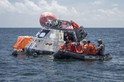 Using the waters off the coast of Galveston, Texas, a NASA and Department of Defense team tested Orion exit procedures in a variety of scenarios July 10-14. (NASA)