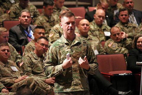 Brig Gen. Todd Royar, deputy commander for support of the 101st Airborne Division (Air Assault) at Fort Campbell, KY, encourages aviators attending the Aviation and Missile Command's AMCOM 101 for Aviation to ensure readiness of their units by providing concerns to their higher command. Royar served as AMCOM's chief of staff prior to his promotion and assignment to the 101st in the spring of 2017. (Traci Boutwell)