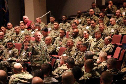 Maj. Gen. Doug Gabram, commander of the Aviation and Missile Command, tells Army aviators at the Dec. 13 opening ceremony of AMCOM 101 for Aviation that they are all valuable contributors in ensuring aviation readiness for Army missions. More than 200 Army aviators were in attendance. (Traci Boutwell)