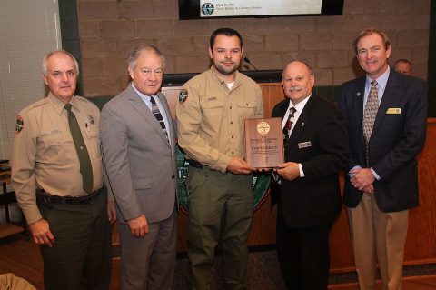 Joshua Roberson (center) is the Tennessee Wildlife Resources Agency Technician of the Year. Pictured (from left) are David Ulderich (Wildlife Manager Kentucky Lake/Natchez Trace WMA), Ed Carter (TWRA Executive Director), Roberson, Mark Gudlin (TWRA Wildlife and Forestry Division Chief), and Jeff Cook (Tennessee Fish and Wildlife Commission Vice Chairman).