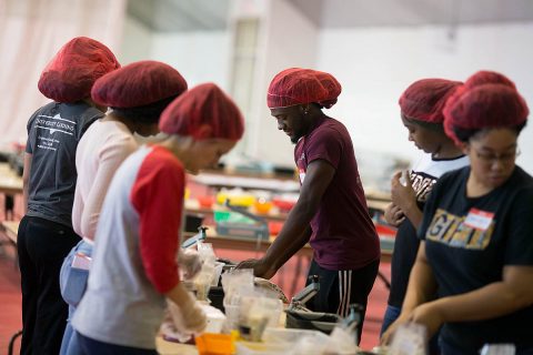 Volunteers at Austin Peay State University package meals in honor of APSU’s Martin Luther King Jr. Day of Service.