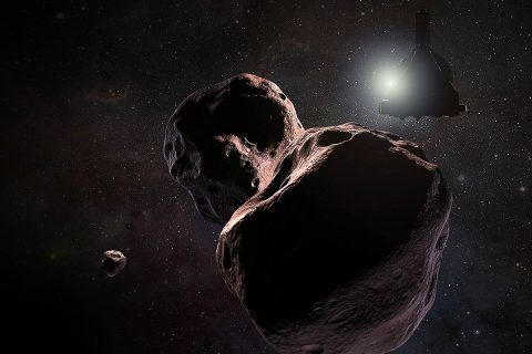 Artist’s impression of NASA’s New Horizons spacecraft encountering 2014 MU69, a Kuiper Belt object that orbits one billion miles (1.6 billion kilometers) beyond Pluto, on Jan. 1, 2019. (NASA/JHUAPL/SwRI/Steve Gribben)