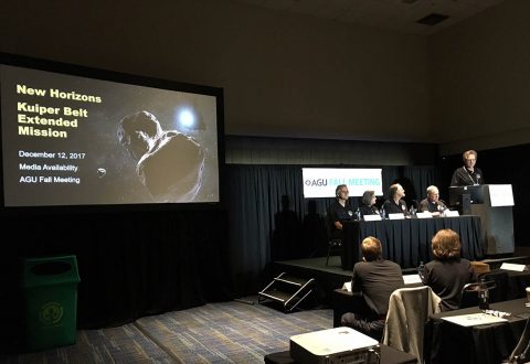 New Horizons team members discuss the Kuiper Belt Extended Mission during a media briefing at the American Geophysical Union Fall Meeting on Dec. 12 in New Orleans. (NASA/JHUAPL/SwRI)
