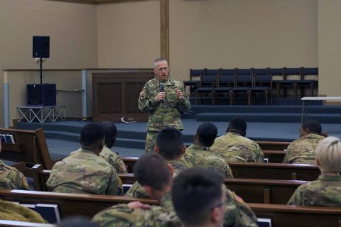 Chaplain (Maj. Gen.) Paul K. Hurley, Chief of Army Chaplain Corps, met with unit ministry teams from across the installation, Jan. 17-19, at Liberty Chapel at Fort Campbell, Kentucky. The purpose of Hurley’s visit, was to conduct training. The training was part of a series of visits to installation UMTs across the country and help them understand their identity in order to provide stronger chaplain services. (Sgt. Samantha Stoffregen, U.S. Army) 