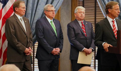 From left, Senator Speaker Pro Tempore Ferrell Haile, House Speaker Pro Tempore Curtis Johnson, Lieutenant Governor Randy McNally and Governor Bill Haslam at the Press Conference on Monday.