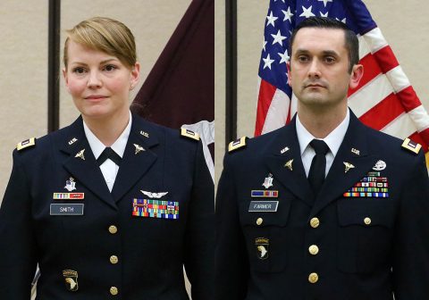 (L to R) Former flight medics, 1st Lt. Megan Smith and 1st Lt. Robert Farmer graduated from the Interservice Physician Assistant Program and was commissioned into the Medical Specialist Corps as a physician assistant during a ceremony on Fort Campbell.