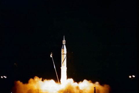 After two days of weather delays, on Jan. 31st, 1958, at 9:48pm CST, the Jupiter-C rocket launched from Cape Canaveral, Florida, carrying Explorer 1, the first U.S. satellite, successfully into orbit. University of Iowa physicist James Van Allen’s instrument for measuring cosmic rays, a Geiger counter, helped make the first major scientific find of the Space Age: a belt of radiation around Earth that would later be named in his honor. (NASA)