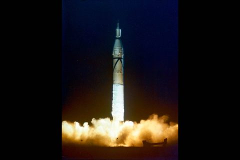 The Juno-1 launch vehicle carrying Explorer 1 lifts off from Cape Canaveral, Florida, at 10:48 p.m. EST on Jan. 31, 1958. (NASA)