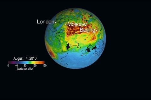 The concentration and global transport of carbon monoxide pollution from fires burning in Russia, Siberia and Canada is depicted in this NASA photo created with data from the Atmospheric Infrared Sounder (AIRS) instrument on NASA's Aqua spacecraft. (NASA)