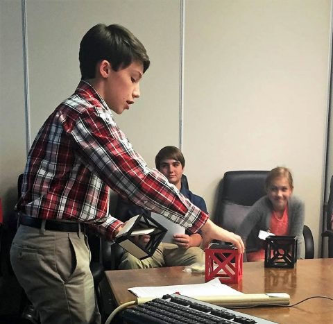 Robertsville Middle School students participating in the NASA Project-Based Learning course visit Marshall to present their CubeSat project to a panel of engineers. Marshall developed curriculum and trained teachers for the elective course while Marshall engineers served as mentors to the students. (NASA/Oak Ridge City Schools)