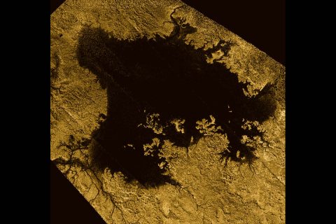 Ligeia Mare, shown in here in data obtained by NASA's Cassini spacecraft, is the second largest known body of liquid on Saturn's moon Titan. It is filled with liquid hydrocarbons, such as ethane and methane, and is one of the many seas and lakes that bejewel Titan's north polar region. (NASA/JPL-Caltech/ASI/Cornell)