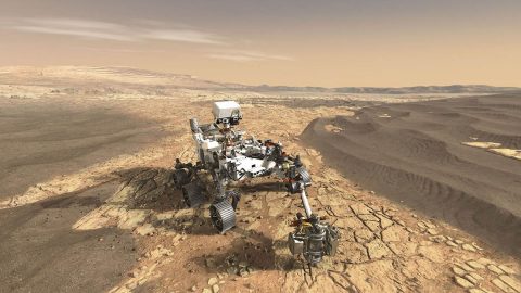 This is an artist's concept of NASA's Mars 2020 rover exploring Mars. The mission will study an area likely to have been habitable in the distant past and also seek signs of past microbial life. (NASA/JPL-Caltech)