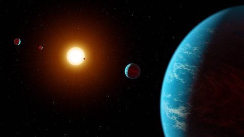 This artist concept shows K2-138, the first multi-planet system discovered by citizen scientists. The central star is slightly smaller and cooler than our Sun. The five known planets are all between the size of Earth and Neptune. Planet b may potentially be rocky, but planets c, d, e, and f likely contain large amounts of ice and gas. All five planets have orbital periods shorter than 13 days and are all incredibly hot, ranging from 800 to 1,800 degrees Fahrenheit. Image credit: NASA/JPL-Caltech 