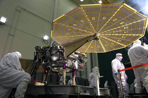 The solar arrays on NASA's InSight Mars lander were deployed as part of testing conducted Jan. 23, 2018, at Lockheed Martin Space in Littleton, Colorado. Engineers and technicians evaluated the solar arrays and performed an illumination test to confirm that the solar cells were collecting power. The launch window for InSight opens May 5, 2018. (Lockheed Martin Space) The solar arrays on NASA's InSight Mars lander were deployed as part of testing conducted Jan. 23, 2018, at Lockheed Martin Space in Littleton, Colorado. Engineers and technicians evaluated the solar arrays and performed an illumination test to confirm that the solar cells were collecting power. The launch window for InSight opens May 5, 2018. (Lockheed Martin Space)