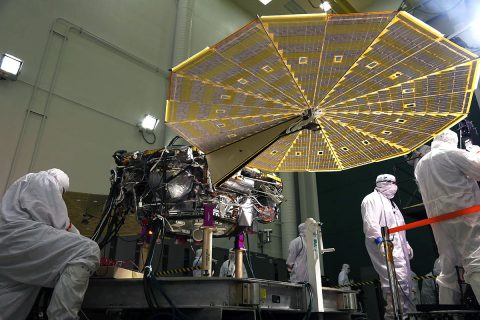 The solar arrays on NASA's InSight Mars lander were deployed as part of testing conducted Jan. 23, 2018, at Lockheed Martin Space in Littleton, Colorado. Engineers and technicians evaluated the solar arrays and performed an illumination test to confirm that the solar cells were collecting power. The launch window for InSight opens May 5, 2018. (Lockheed Martin Space)