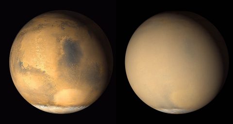 Two 2001 images from the Mars Orbiter Camera on NASA's Mars Global Surveyor orbiter show a dramatic change in the planet's appearance when haze raised by dust-storm activity in the south became globally distributed. The images were taken about a month apart. (NASA/JPL-Caltech/MSSS) Two 2001 images from the Mars Orbiter Camera on NASA's Mars Global Surveyor orbiter show a dramatic change in the planet's appearance when haze raised by dust-storm activity in the south became globally distributed. The images were taken about a month apart. (NASA/JPL-Caltech/MSSS)