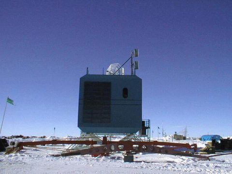 The South Pole TDRS Relay (SPTR) ground terminal was installed at the National Science Foundation’s Amundsen-Scott South Pole Station in December 1997 to help connect NSF researchers and their scientific data to the rest of the world. This image shows the original SPTR system, which became operational on Jan. 9, 1998. (NASA)