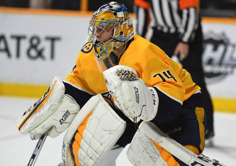 Nashville Predators goalie Juuse Saros (74) during the second period against the Tampa Bay Lightning at Bridgestone Arena. (Christopher Hanewinckel-USA TODAY Sports)