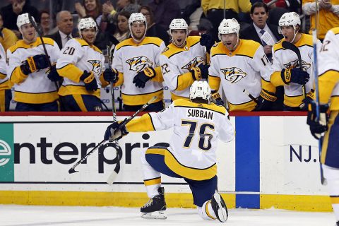 Nashville Predators defenseman P.K. Subban (76) celebrates scoring a goal against the New Jersey Devils during the second period at Prudential Center. (Adam Hunger-USA TODAY Sports)