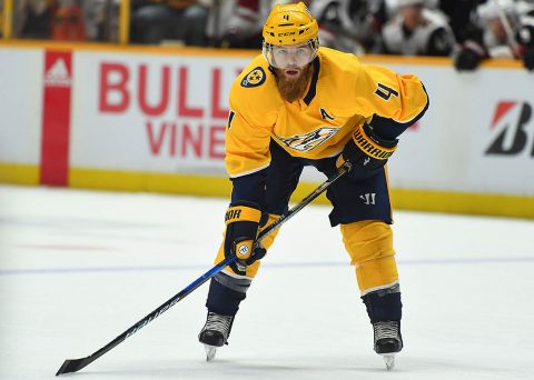 Nashville Predators defenseman Ryan Ellis (4) waits for the puck during the third period against the Arizona Coyotes at Bridgestone Arena. (Christopher Hanewinckel-USA TODAY Sports)