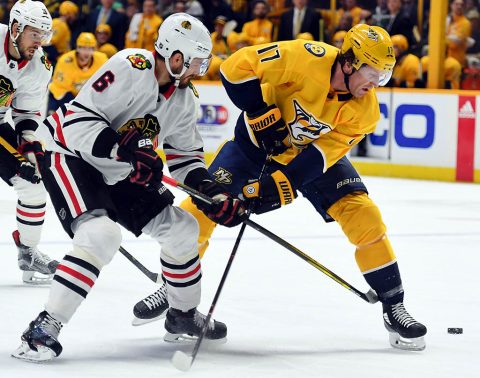 Chicago Blackhawks defenseman Michal Kempny (6) knocks the puck away from Nashville Predators left wing Scott Hartnell (17) during the first period at Bridgestone Arena. (Christopher Hanewinckel-USA TODAY Sports)