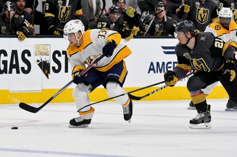 Nashville Predators left wing Viktor Arvidsson (33) is guarded by Vegas Golden Knights center Cody Eakin (21) in the second period during an NHL Hockey game at T-Mobile Arena. (Kirby Lee-USA TODAY Sports)