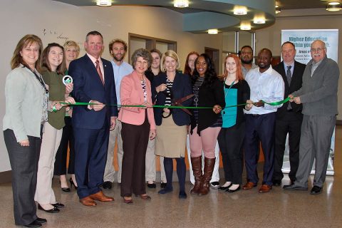 Nashville State Community College's Clarksville-Montgomery County Green Certification ribbon cutting. (L to R) Rose Melton, Carlye Sommers, Melinda Shepard, Montgomery County Mayor Jim Durrett, John Woodman, Clarksville Mayor Kim McMillan, Jessica Mallicoate, Kathleen Akers, Sharley Ross, Vicki McCovery, Megan Goosetree, Reggie Mclain, Larry Coppins, Jeff Truitt, Stephen James.