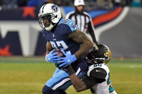 Tennessee Titans tight end Delanie Walker (82) rushes against Jacksonville Jaguars outside linebacker Telvin Smith (50) during the second half at Nissan Stadium. Tennessee won 15-10. (Jim Brown-USA TODAY Sports)