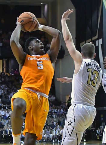 Tennessee Volunteers forward Admiral Schofield (5) shoots against Vanderbilt Commodores guard Riley LaChance (13) during the second half at Memorial Gymnasium. Tennessee won 92-84. (Jim Brown-USA TODAY Sports)