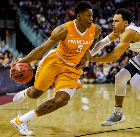 Tennessee Volunteers forward Admiral Schofield (5) drives around South Carolina Gamecocks forward Justin Minaya (10) in the first half at Colonial Life Arena. (Jeff Blake-USA TODAY Sports)