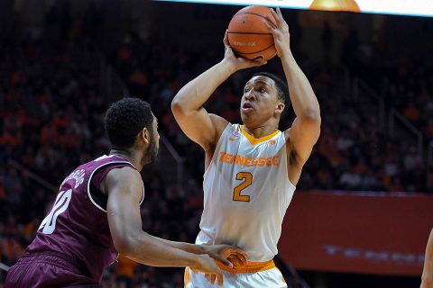 Tennessee Volunteers forward Grant Williams (2) shoots the ball against Texas A&M Aggies center Tonny Trocha-Morelos (10) during the first half at Thompson-Boling Arena. (Randy Sartin-USA TODAY Sports)