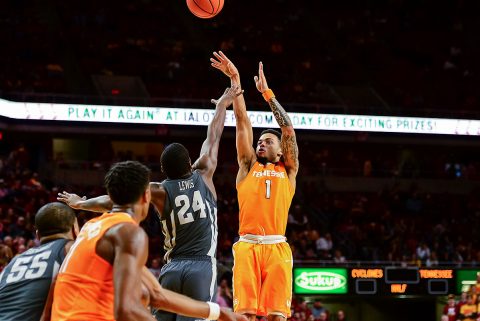 Tennessee Volunteers guard Lamonte Turner (1) shoots the ball as Iowa State Cyclones guard Terrence Lewis (24) defends during the second half at James H. Hilton Coliseum. Tennessee won 68-45. (Jeffrey Becker-USA TODAY Sports)