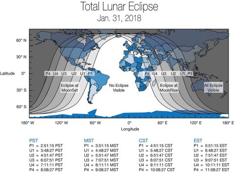 Stages of the Jan. 31, 2018 “super blue blood moon” (weather permitting) are depicted in Pacific Time with “moonset” times for major cities across the U.S., which affect how much of the event viewers will see. While viewers along the East Coast will see only the initial stages of the eclipse before moonset, those in the West and Hawaii will see most or all of the lunar eclipse phases before dawn. (NASA)