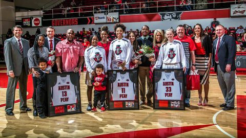 Austin Peay State University honor three Women Basketball seniors at Saturday's game against Murray State; (L to R) Bri Williams, Brianne Alexander and Falon Baker. (APSU Sports Information)