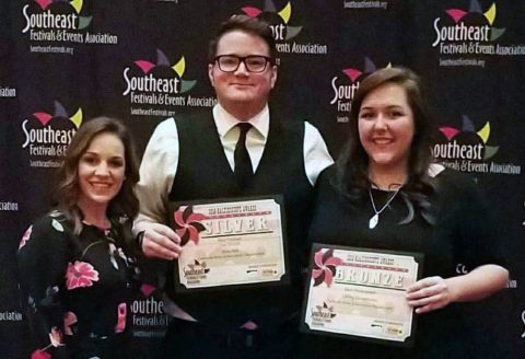 Clarksville Parks & Recreation Department staff members Kara Zahn, Rob Rayburn and Rachel White proudly display the department’s two 2018 Kaleidoscope Awards bestowed Monday at the Southeast Events and Festival Association Conference.