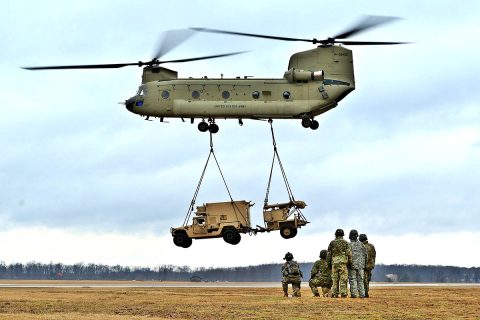 Soldiers of 3rd Battalion, 320th Field Artillery Regiment, 101st Airborne Division Artillery Brigade "Red Knights", began moving artillery assets to the training area at Fort Campbell, Kentucky, January 22, 2018. The air assault training is the lead up to platoon level artillery live-fire evaluations over the next three weeks. Six artillery platoons from the Red Knights are slated to participate in the evaluation, which will validate the unit's readiness to fight. (Staff Sgt. Todd Pouliot, 40th Public Affairs Detachment)