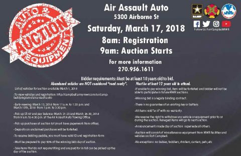 Fort Campbell MWR to hold Abandoned Vehicles and Equipment Open Bid Auction on March 17th