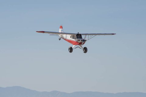 The MicroCub, a modified Bill Hempel 60-percent-scale super cub, approaches NASA’s Armstrong Flight Research Center for a landing. This was the first flight of the MicroCub in which the crew validated the airworthiness of the aircraft. (NASA Photo / Lauren Hughes)