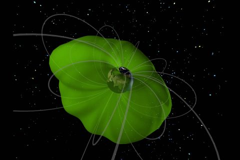 An oblique view of the plasmasphere, reconstructed from IMAGE data. (NASA’s Goddard Space Flight Center Scientific Visualization Studio/Tom Bridgman, lead animator)