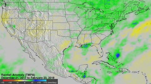 Data collected from December 21, 2017 to February 23, 2018 in this NASA TMPA rainfall anomaly analysis indicated that parts of the upper Midwest have had 5 mm (0.2 inches) of precipitation per day above normal so far this winter. (NASA/Hal Pierce)